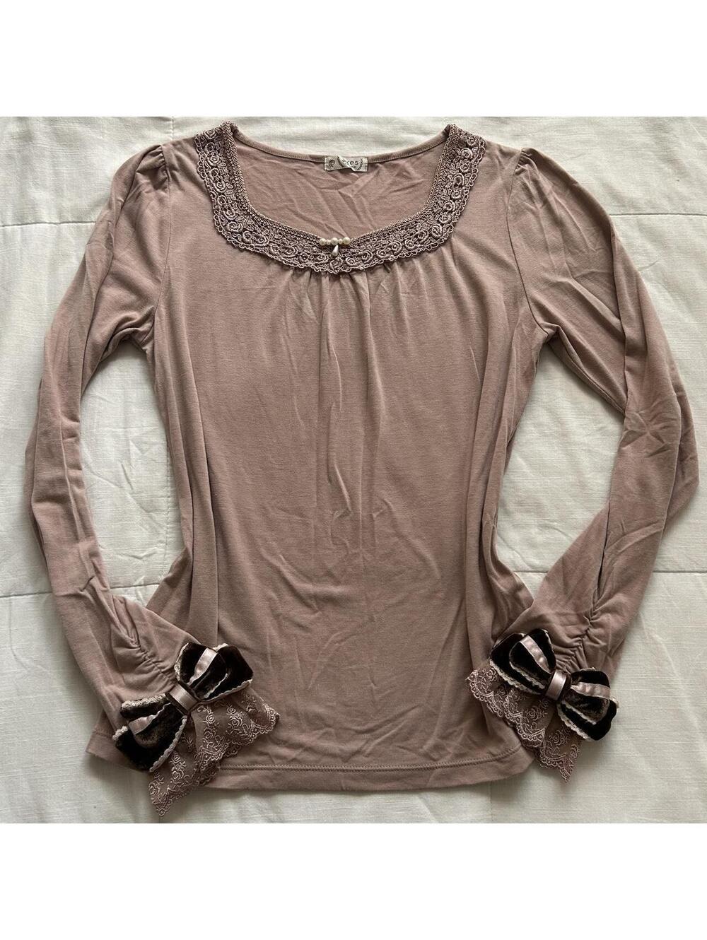 Axes Femme Mauve Pink Velvet Bow Lace Long Sleeve Top Medium Japan